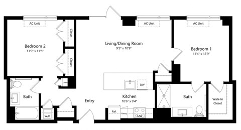Two Bedroom Floor Plan at One East Harlem Luxury Apartments in East Harlem NY